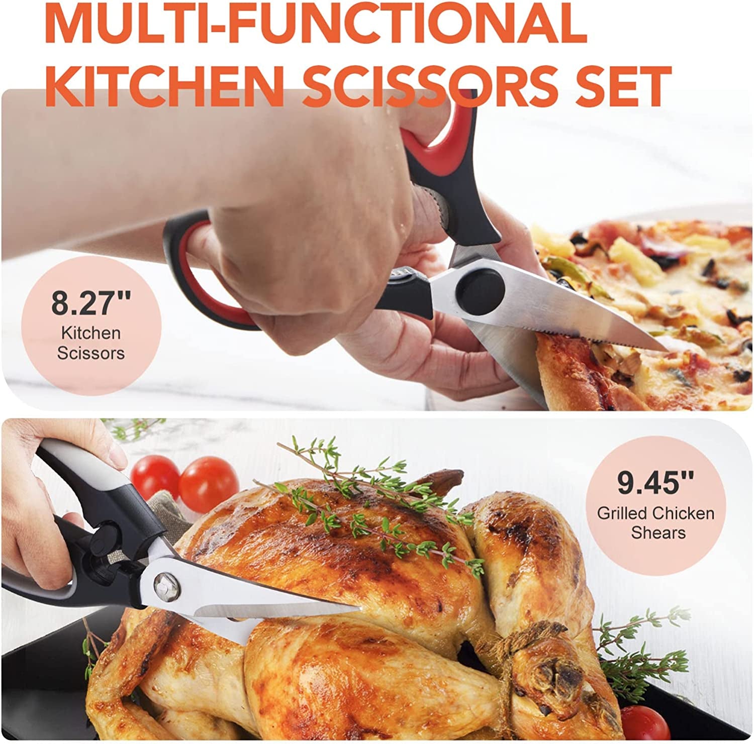 Poultry Shears and Kitchen Shears, 2-Pack Multipurpose Sharp Stainless Steel Scissors, Ideal for Chicken, Poultry, Fish, Meat, Herbs, Dishwasher Safe