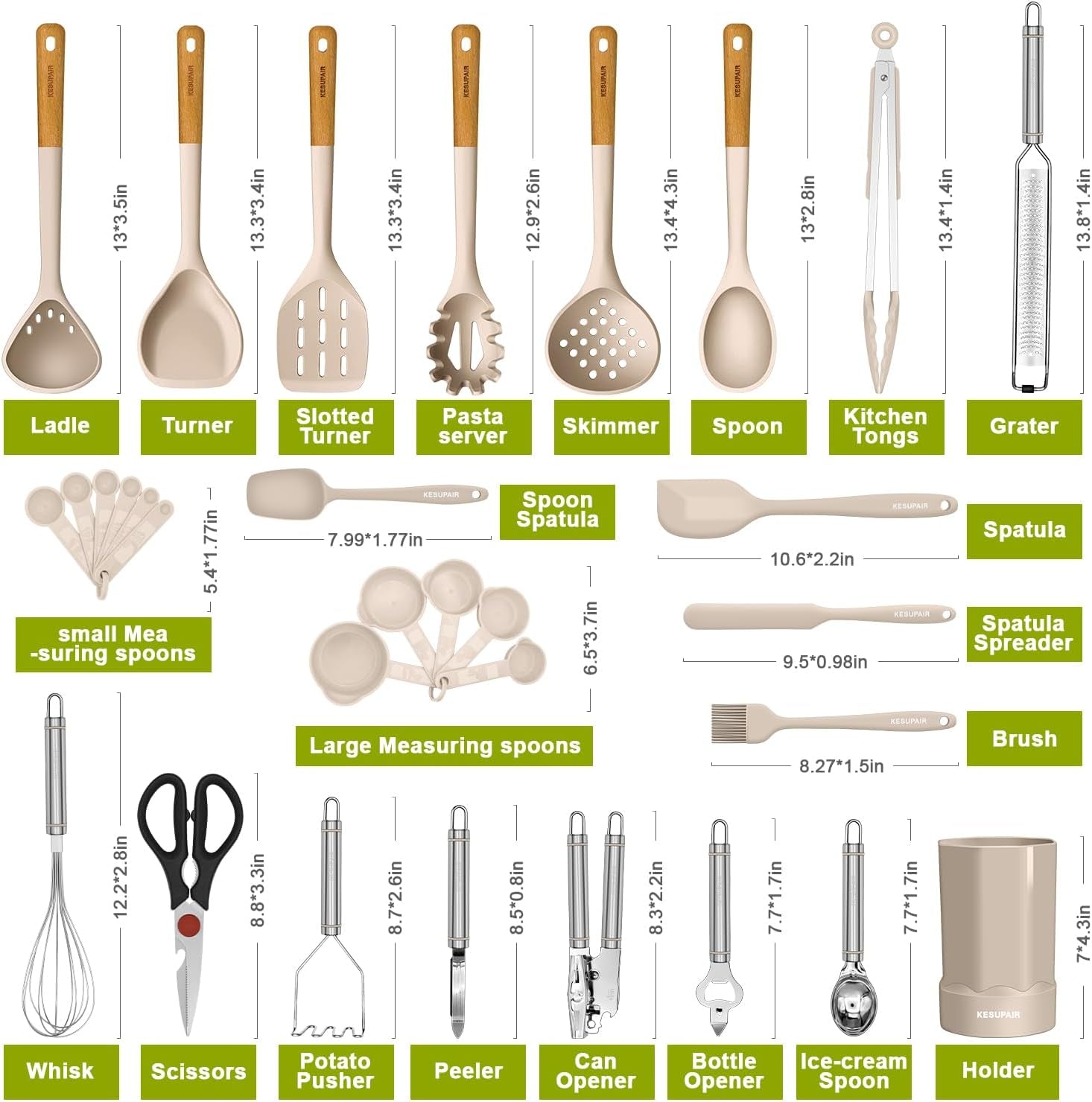 Silicone Kitchen Utensils Set - Heat Resistant Silicone Cooking Utensils for Cooking Wooden Handles, Spatula Set, Kitchen Utensil Tools and Gadgets Sets for Non-Stick Cookware (Khaki)