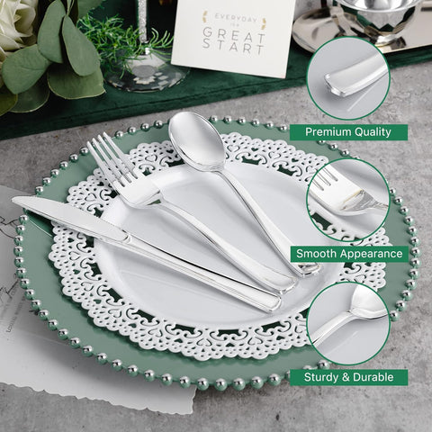 Image of 120PCS Silver Plastic Silverware, Silver Plastic Cutlery Set Disposable Flatware Dinnerware -60 Silver Forks, 30 Silver Spoons, 30 Silver Knives for Wedding, Party, Daily Use Silver Utensils