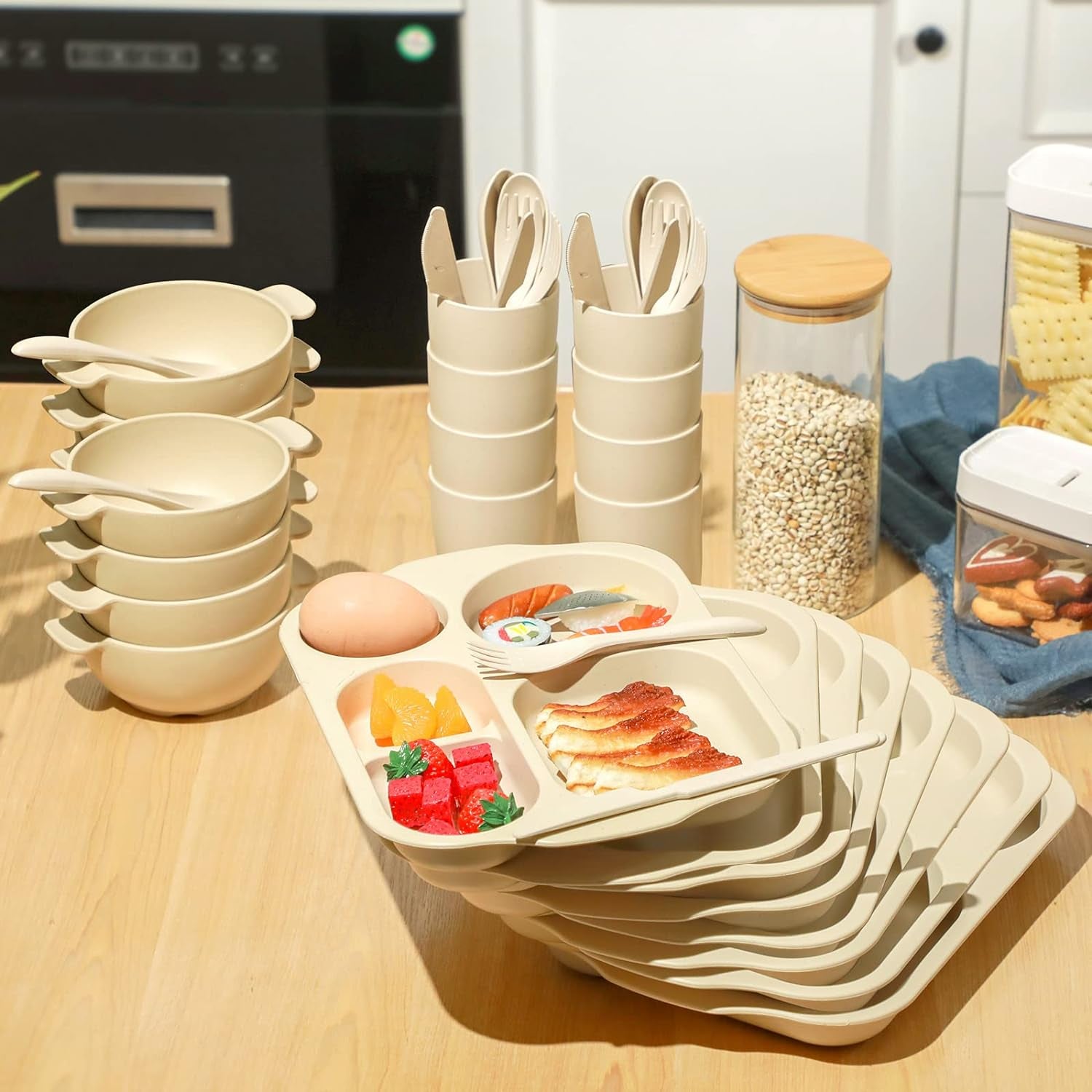 48 Pcs Wheat Straw Tableware Set for 8 Wheat Dinnerware Cutlery Include 8 Divided Dinner Plate 24 Spoon Knife Fork 8 Cup 8 Bowl Reusable Unbreakable Dishwasher for Kids Adult (Beige)