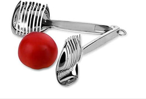 Image of Tomato Lemon Slicer Holder round Fruits Onion Shreader Cutter Guide Tongs with Handle Kitchen Cutting Potato Lime Food Stand Stainless Steel