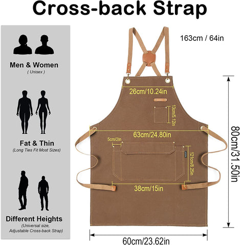 Image of Chef Apron for Men Women with Gift Box Pack, Cross Back Apron with Pockets for Kitchen Cooking Baking Artist Painting, Cotton Canvas Work Aprons for Shop, Garden, Restaurant, Cafe (Brown, M to XXL)