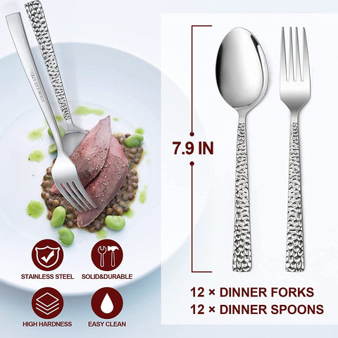 Image of 24-Piece Hammered Forks and Spoons Silverware Set,  Stainless Steel Square 12 Dinner Forks and 12 Dinner Spoons, Modern Metal Flatware Cutlery for Kitchen and Restaurant, Dishwasher Safe-7.9 Inch