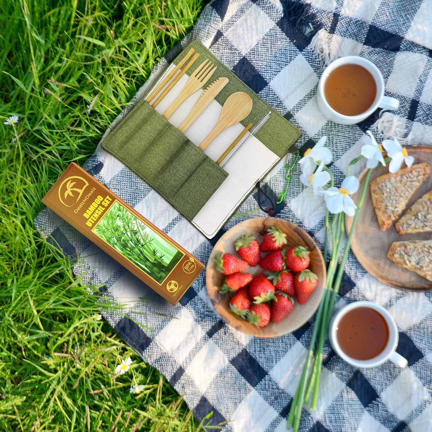 9-Piece Bamboo Utensil Set – Reusable Cutlery Travel Set – Portable Bamboo Flatware for Kids & Adults – Bamboo Fork, Knife, Spoon, Chopsticks – Comes in a Well-Designed Washable Case