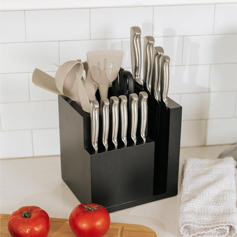 Bamboo Magnetic Knife Block and Cooking Utensil Holder, Sleek Storage for Chefs Knives, Steak Knives, Spatulas, Scissors, Non-Slip Rubber Feet, Easy to Clean, Food-Safe Black Finish
