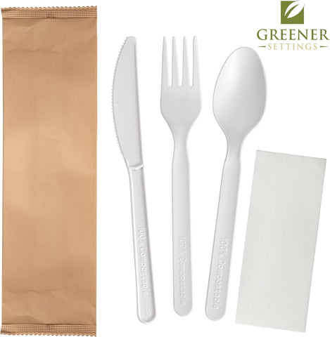 Image of 125 Sets  Disposable Forks Spoons Knives Napkins Individually Wrapped Utensils Recyclable Silverware Pouches Cutlery Packets