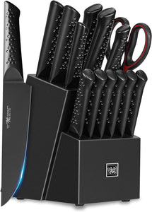 Knife Sets for Kitchen with Block, HUNTER.DUAL 15 Piece Knife Set with Built-In Sharpener, Dishwasher Safe, German Stainless Steel, Elegant Black