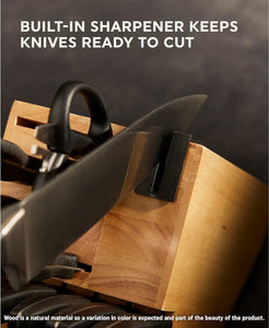 Ellsworth (13-PC) Kitchen Knife Block Set with Wooden Block & Built-In Sharpener, Ergonomic Handles and Stainless Steel Professional Chef Knife Set & Scissors with Bottle Opener
