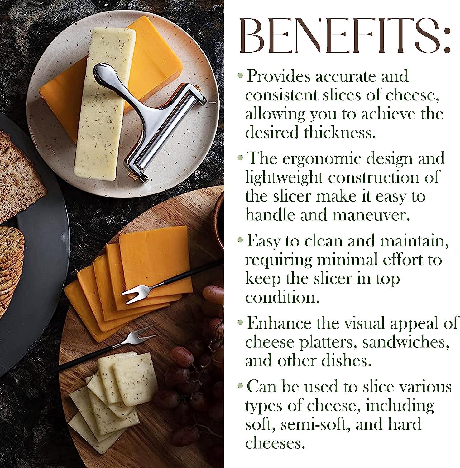 Stainless Steel Wire Cheese Slicer - Hand Held Cheese Cutter for Cheddar, Gruyere, Raclette, Mozzarella Cheese Block, Adjustable Cheese Shaver, Thick & Thin Slicer, Cheese Curler (Silver)