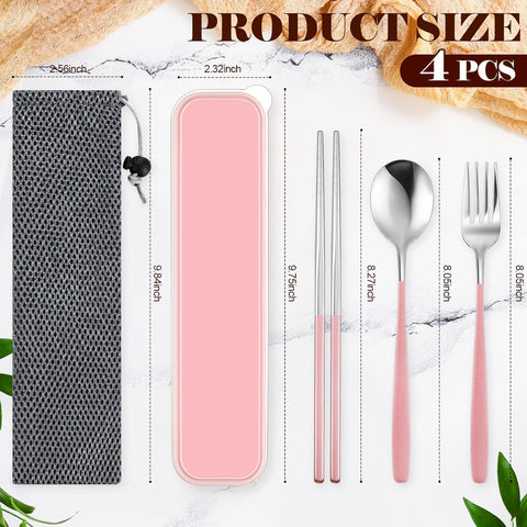 Image of 4 Sets Travel Utensils, Portable Stainless Steel Reusable Silverware Flatware Set, Include Fork Spoon Chopsticks with Case for Camping Picnic Travel Office School, Black Green Pink and Gray