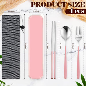 4 Sets Travel Utensils, Portable Stainless Steel Reusable Silverware Flatware Set, Include Fork Spoon Chopsticks with Case for Camping Picnic Travel Office School, Black Green Pink and Gray