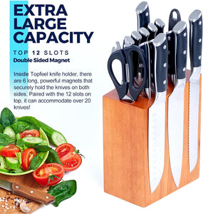 Magnetic Knife Block Holds up to 16 Knives（Not Included）, Space Saver Countertop Magnetic Knife Block Holder, Double Sided Magnets Oak Wood Knife Storage