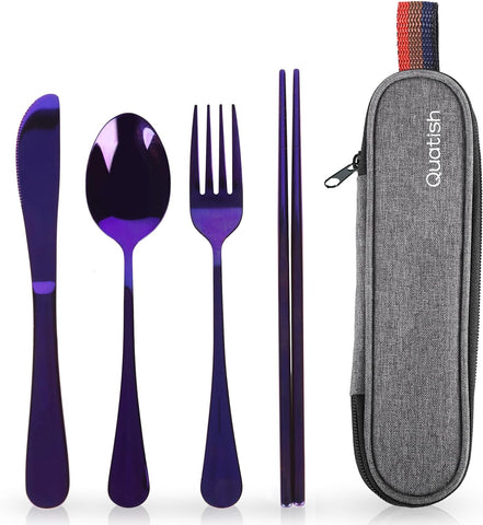 Image of Travel Utensils with Case,  Portable Silverware Set for Work, Lunch Reusable Travel Cutlery Set, 304 Stainless Steel Fork and Spoon Set for Camping(Purple)