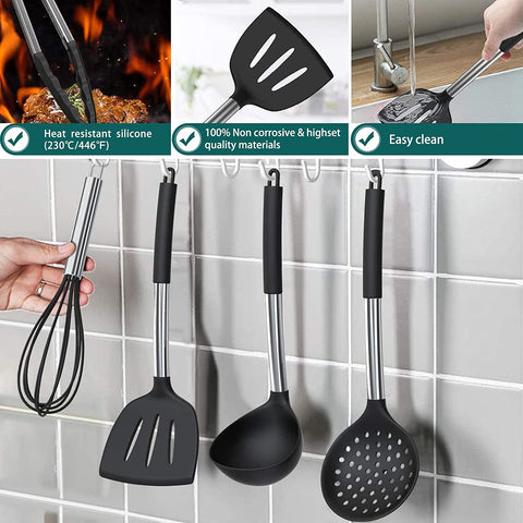 Image of Silicone Cooking Utensil Set,  15Pcs Silicone Cooking Kitchen Utensils Set, Non-Stick - Best Kitchen Cookware with Stainless Steel Handle - Black