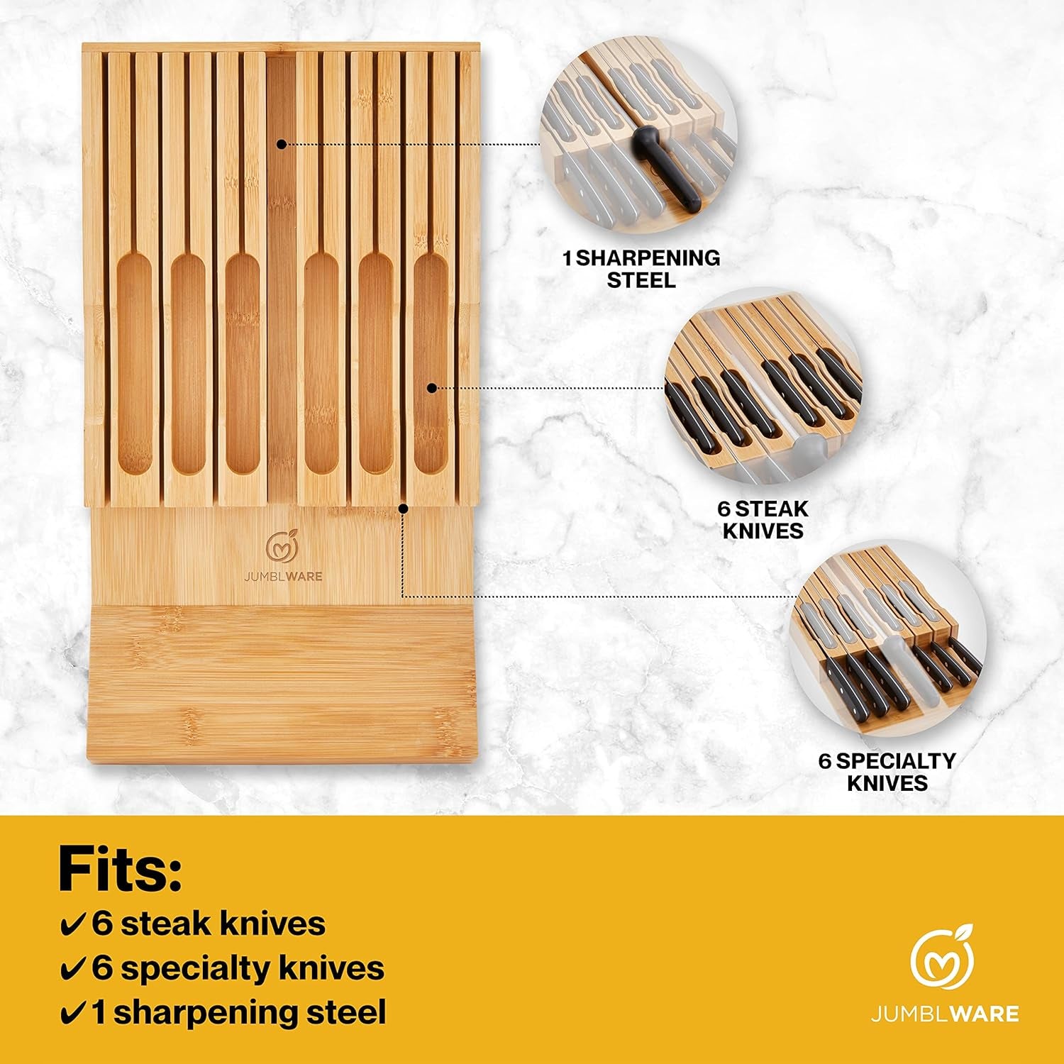 Bamboo In-Drawer Knife Block Wooden Organizer & Cutlery Holder Insert for inside Drawer, Cabinet or Counter Universal Dock Fits 16 Steak Knives & Sharpener Great Kitchen Gadget Gift