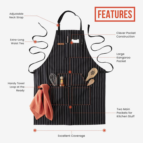 Image of Chef Apron for Men and Women - Kitchen Apron with Pockets & Adjustable Neck Straps - Cooking Apron 100% Cotton