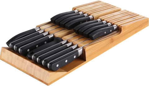 Image of Bamboo In-Drawer Knife Block Set for 16 Knives(Not Included), Large Kitchen Detachable Washable Cutlery Slot Organizer Storage Holder for Sharpening Steel and Cutter