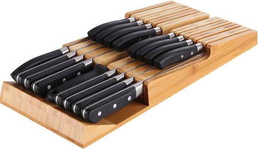 Bamboo In-Drawer Knife Block Set for 16 Knives(Not Included), Large Kitchen Detachable Washable Cutlery Slot Organizer Storage Holder for Sharpening Steel and Cutter
