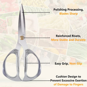 Newness Kitchen Shears, Stainless Steel Duty Kitchen Shears for Chicken, Beefs, Poultry, Fish, Meat, Vegetables, Stainless Steel Scissors with Non-Slip Easy Grip Handles for House Daily Use