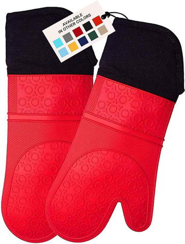 Image of Extra Long Professional Silicone Oven Mitt, Oven Mitts with Quilted Liner, Heat Resistant Pot Holders, Flexible Oven Gloves, Red, 1 Pair, 14.7 Inch