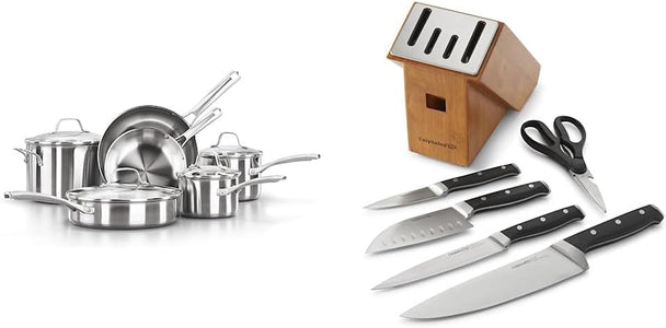 10-Piece Pots and Pans Set, Stainless Steel Kitchen Cookware, Silver & Classic Self-Sharpening Cutlery Knife Block Set with Sharpin Technology, 6 Piece