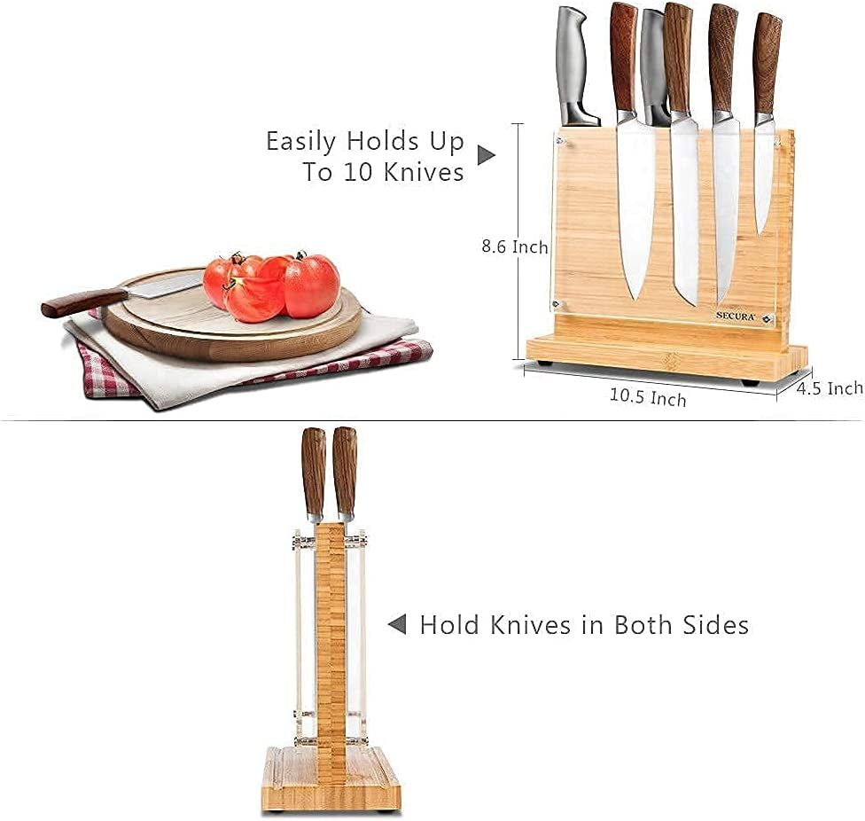 Magnetic Knife Block Double Side Knife Holder Bamboo Knife Stand for Kitchen Cutlery Display Rack and Organizer with Acrylic Shield Double Side Storage Strongly Magnetic without Knives,10 Inch