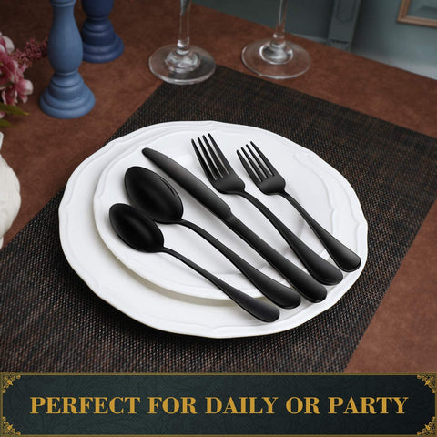 Image of 20-Piece Black Silverware Set with Tray, Stainless Steel Flatware Cutlery Set Service for 4, Kitchen Black Utensils Tableware Set for Home Restaurant, Mirror Finish, Dishwasher Safe