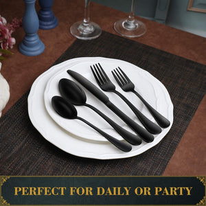 20-Piece Black Silverware Set with Tray, Stainless Steel Flatware Cutlery Set Service for 4, Kitchen Black Utensils Tableware Set for Home Restaurant, Mirror Finish, Dishwasher Safe