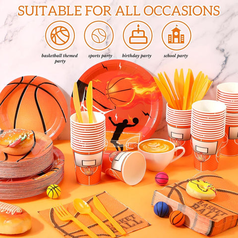 Image of 350 Pcs Sports Party Supplies Set Include 100 Paper Plates 50 Cups 50 Napkins 50 Forks 50 Plastic Spoons 50 Knives Serves 50 for Kids Party Birthday Decorations (Basketball)