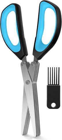 Image of Multifunctional Kitchen Shears Set - 2 Pack Kitchen Scissors, All Purpose Heavy Duty Meat Shears & Herb Scissors with 5 Blades, Stainless Steel Sharp Food Scissors (Blue Herb Scissors)