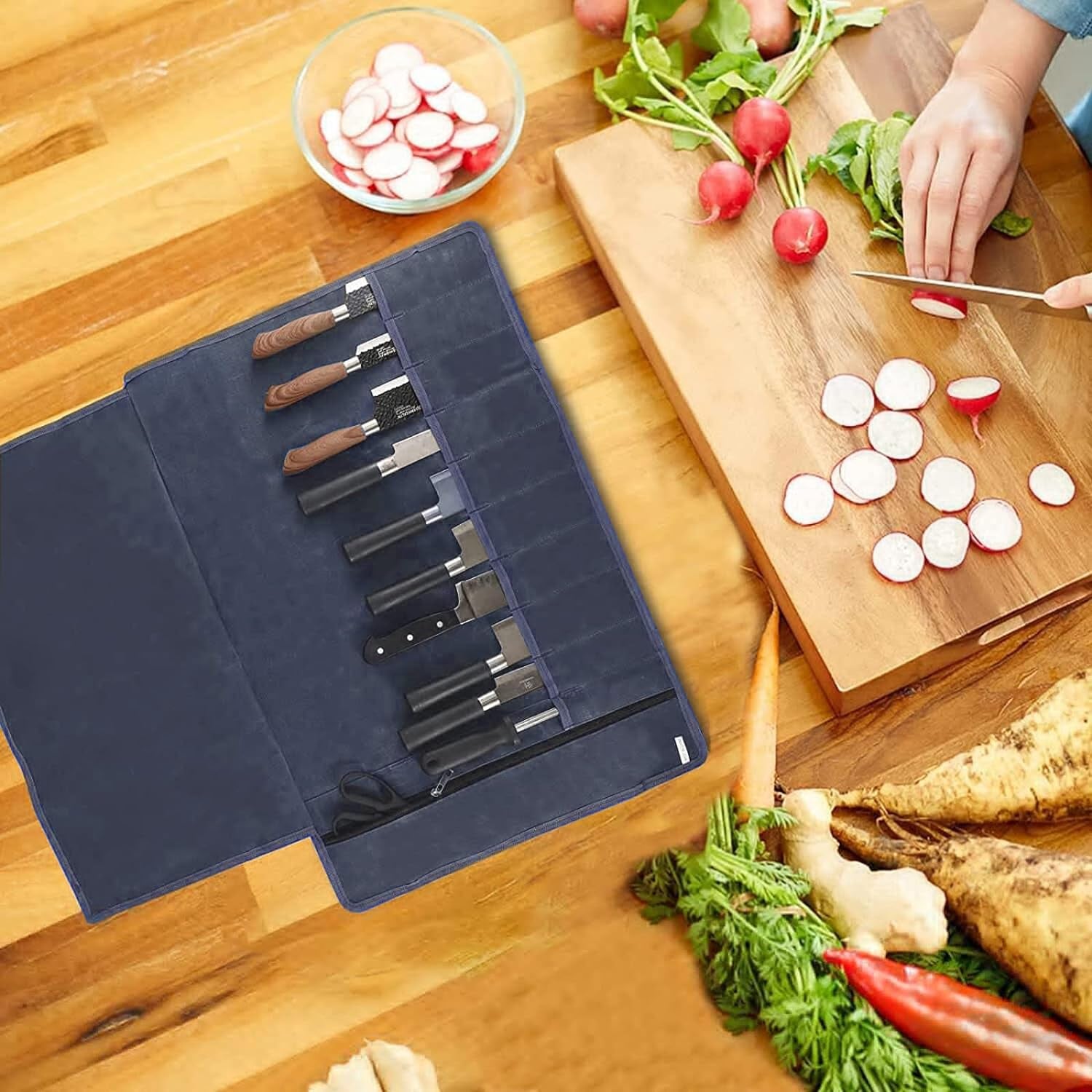 Chef’S Knife Roll Bag, Waxed Canvas Knife Cultery Carrier, Portable Chef Knife Cases, Knife Pouch Holders with 10 Slots plus 1 Zipper Pockets Can Hold Home Kitchen Knife Tools up to 18.8”