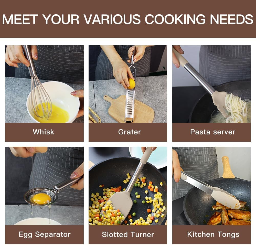 Silicone Kitchen Utensils Set, 20 Pcs Cooking Utensils Set-Cooking Utensil - Kitchen Gadgets and Tools with Holder-Stainless Steel Kitchen Utensil with Grater,Turner,Tongs (Khaki)