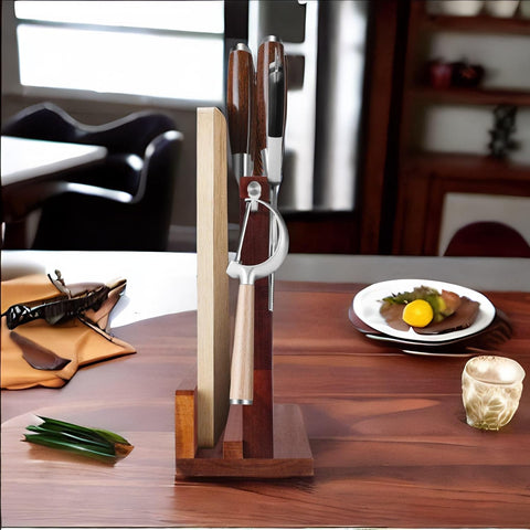 Image of Kitchen Magnetic Knife Block with 2 Hooks & Cutting Board Notche Store Grinding Rods and Planers Equipped With, Double Sided Magnetic Stand Multifunctional Knife Holder