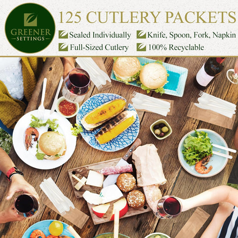 Image of 125 Sets  Disposable Forks Spoons Knives Napkins Individually Wrapped Utensils Recyclable Silverware Pouches Cutlery Packets