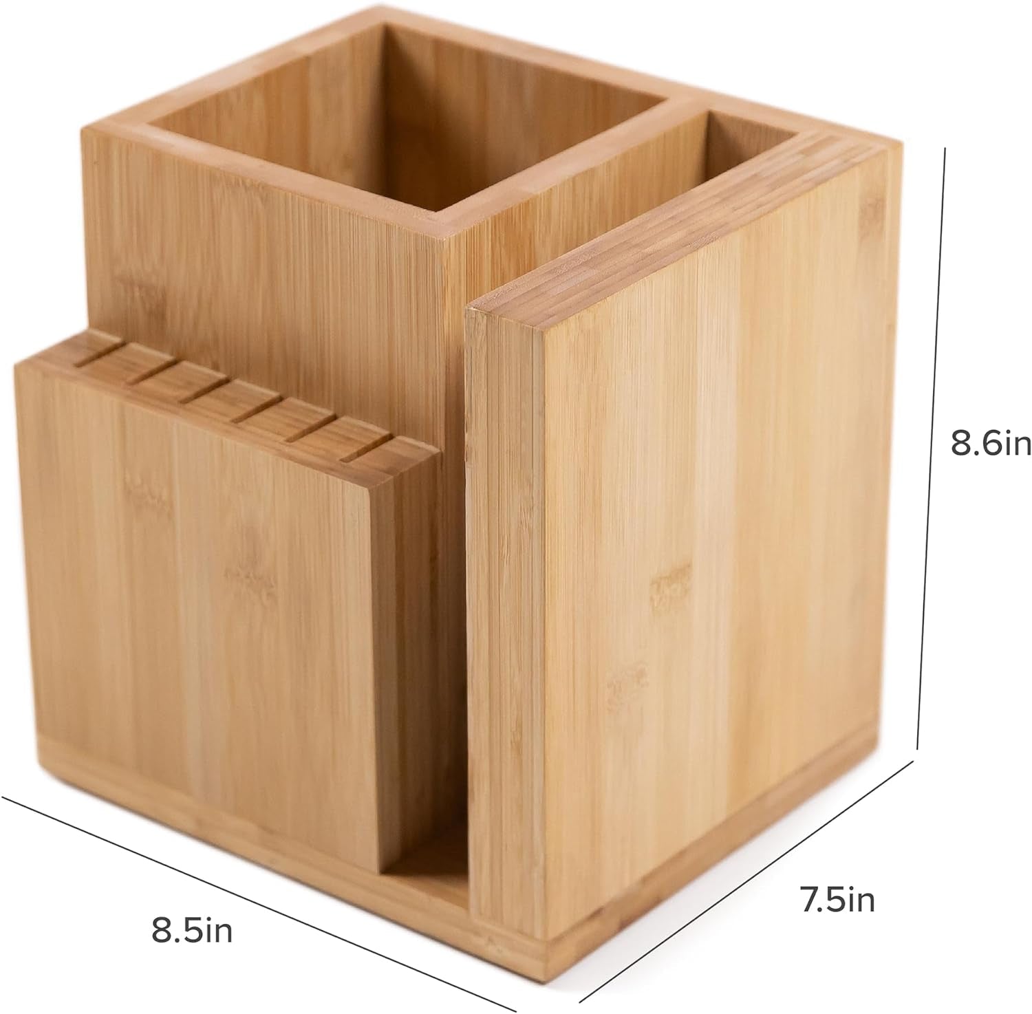 Bamboo Magnetic Knife Block and Cooking Utensil Holder, Sleek Storage for Chefs Knives, Steak Knives, Spatulas, Scissors, Non-Slip Rubber Feet, Easy to Clean, Kitchen Countertop Organizer