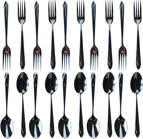 Image of Set of 20, Forks (8 Inch) and Spoons (7.5 Inch) Silverware Set, Stainless Steel Diamond Flatware Cutlery Set for Home, Kitchen and Restaurant, Mirror Polished, Dishwasher Safe (Large)