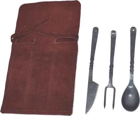 Image of Hand-Forged Blacksmith Medieval Dining Hall Eating/Feasting Utensils Set of 3 Piece Functional Fork Knife and Spoon Medieval Eating Set, with Genuine Leather Pouch for Easy Carrying.