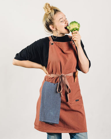 Image of Crossback Kitchen Apron for Cooking - Mens and Womens Professional Chef or Server Bib Apron - Adjustable Crossback Style - Rustic- Midweight Cotton (Terracotta)