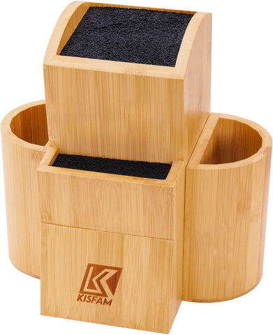 Image of Bamboo Universal Knife Block Two-Tiered Slot-Less Wooden Knife Stand, Knife Organizer & Holder - Convenient Safe Storage for Large & Small Knives & Utensils - Easy to Clean Removable Bristles