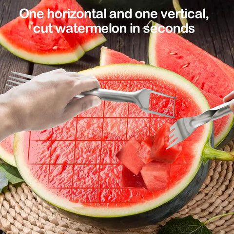 Image of 2 Pcs Watermelon Fork Slicer Cutter, Stainless Steel Watermelon Slicer Cutter 2-In-1 Summer Watermelon Fruit Cutting Fork, for Home Party Camping Kitchen Gadget