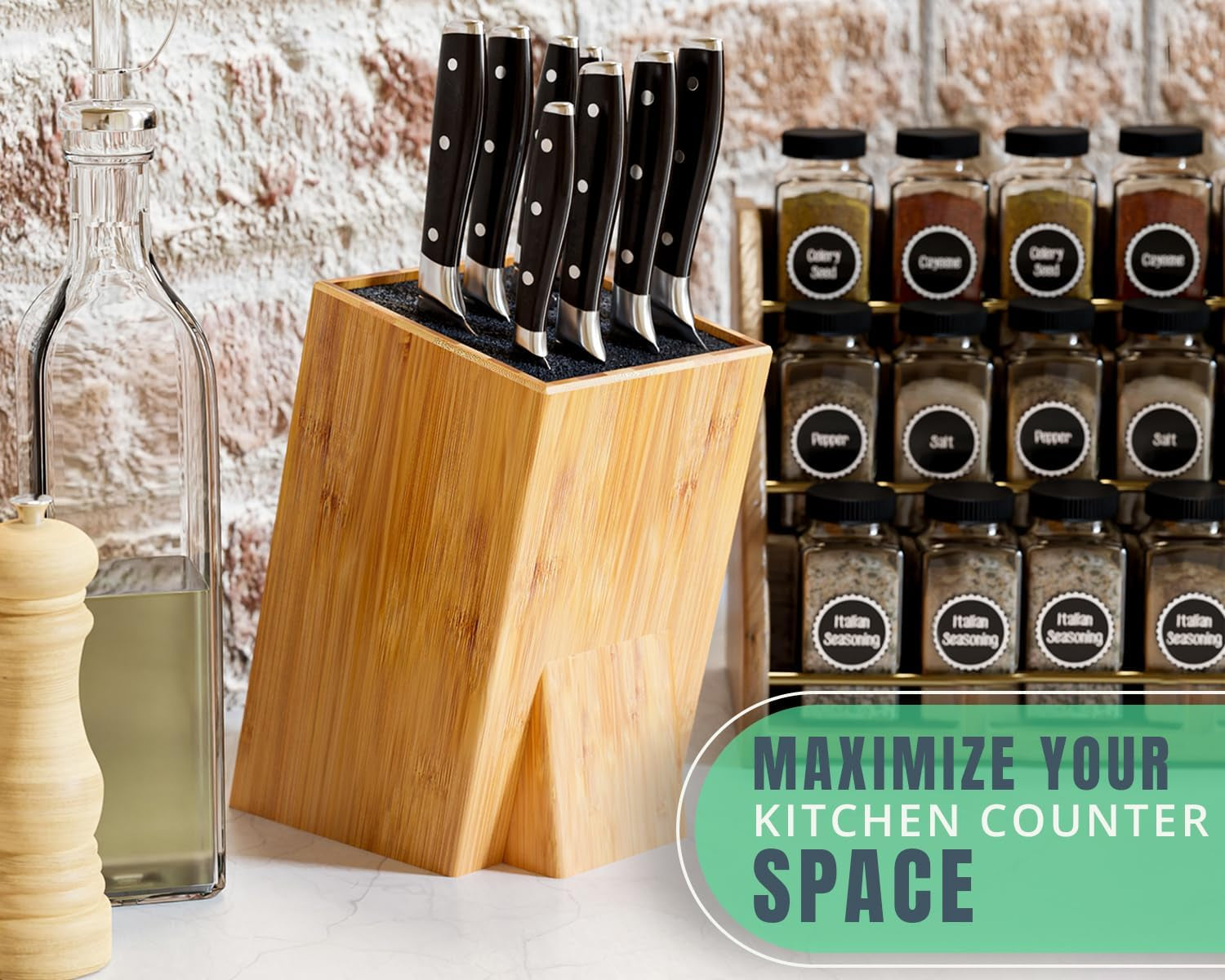 XL Large Universal Knife Block without Knives - Bamboo Countertop Knife Holder W/Removable Bristles - Convenient & Versatile for Any Knife Size