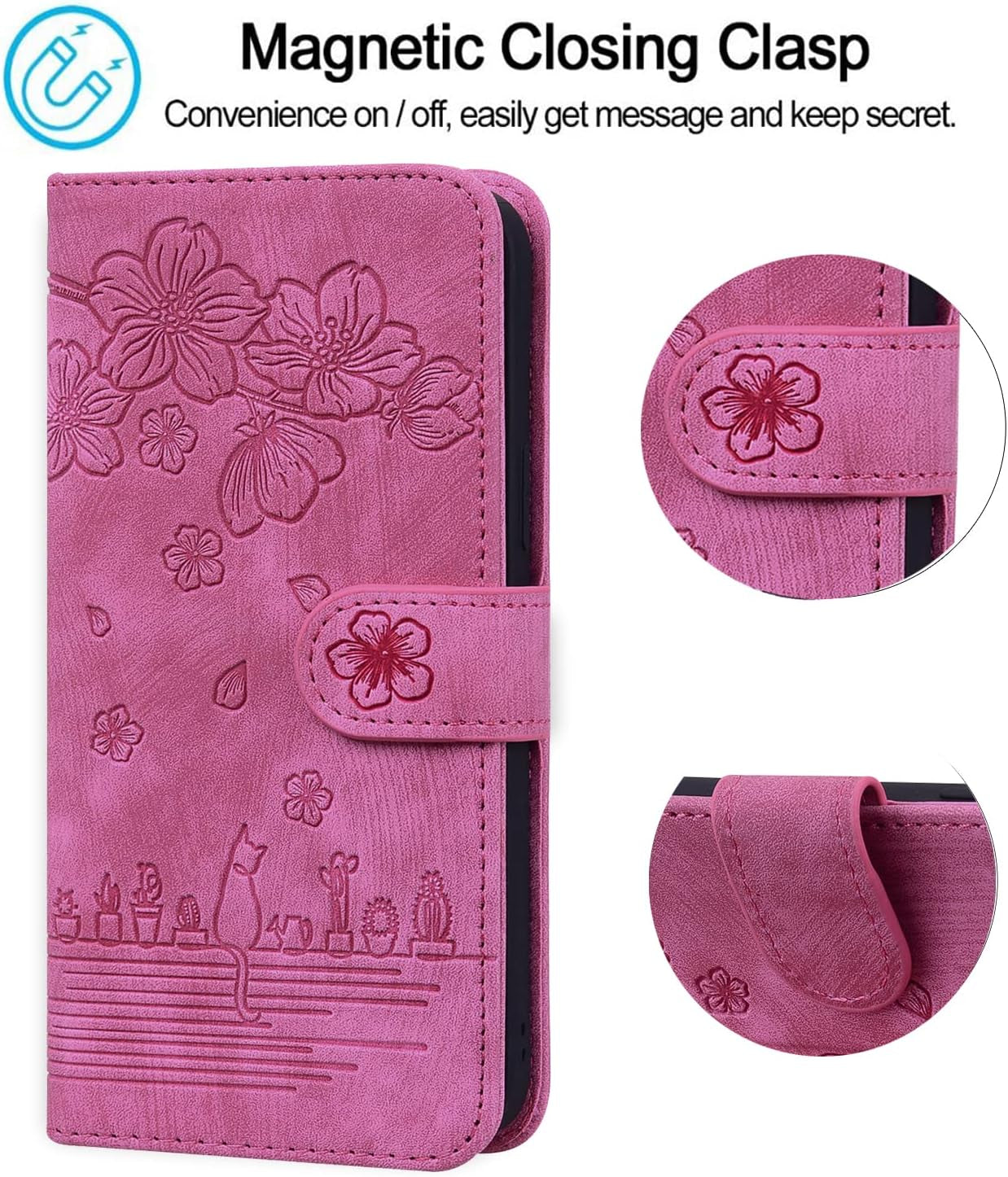 Flip Case for Samsung Galaxy A24 6.5 Inch Cover, Premium PU Leather Magnetic Closure Case with Flip Wallet Stand Function Cover for Galaxy A24 - Cherry Cat Rose Red