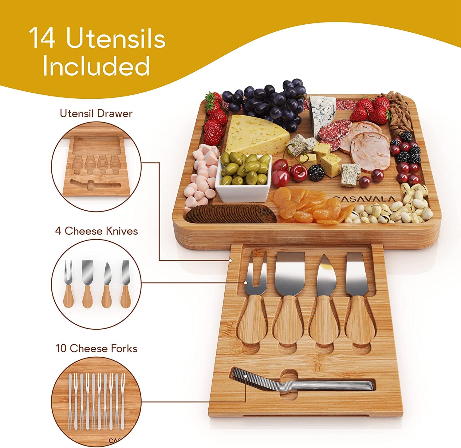 Bamboo Cheese Board Set - Includes 4 Cheese Knives & 10 Cheese Forks- Charcuterie Board Set, Fruit, Cured Meat Serving Platter with Drawer- Ideal for Parties & Events