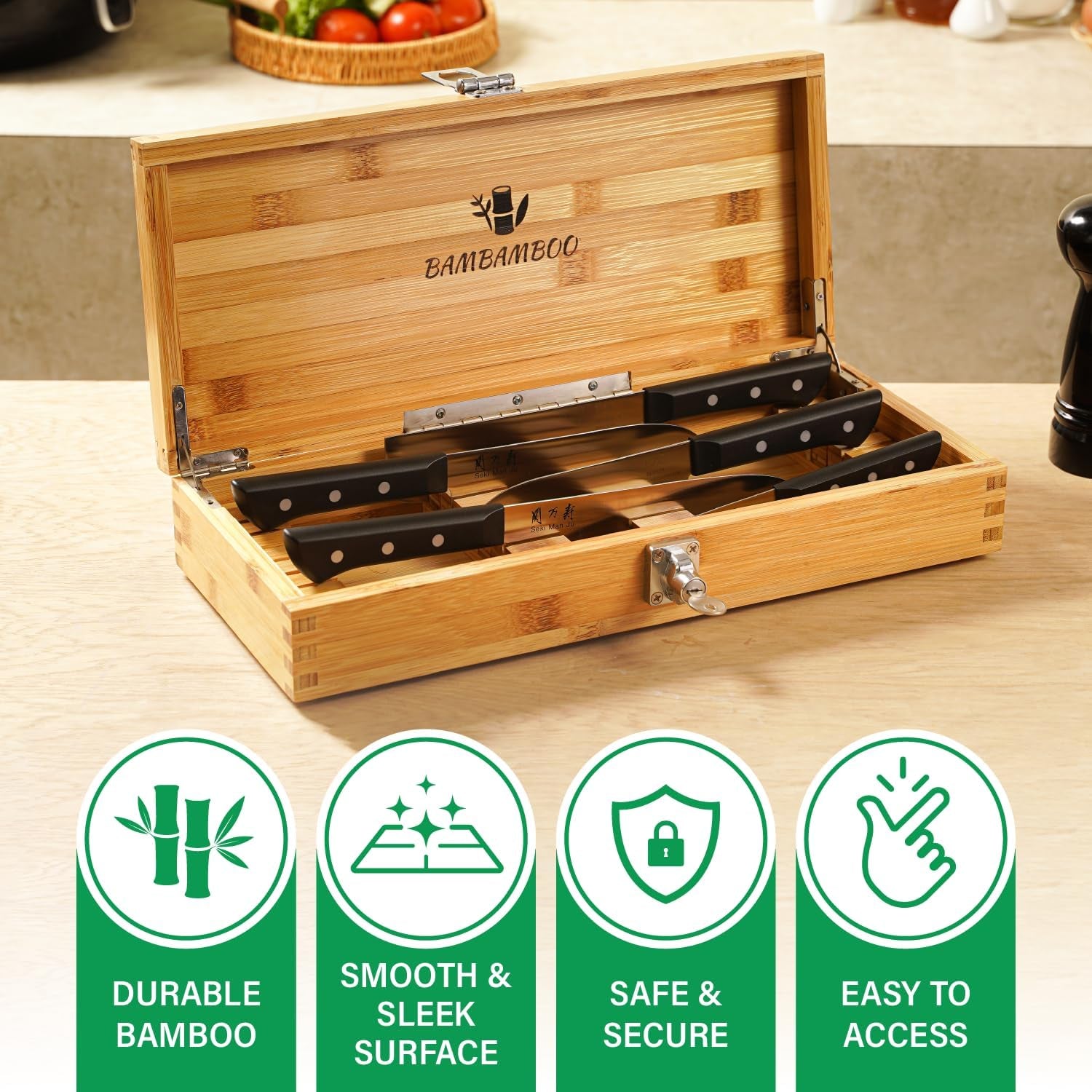 - Safe Locking In-Drawer Bamboo Sharp Knives Holder, Safe for Kid, Multicompartmental, Multi-Purpose Knife Block Alternative (17.1"X8.6"X3.1")