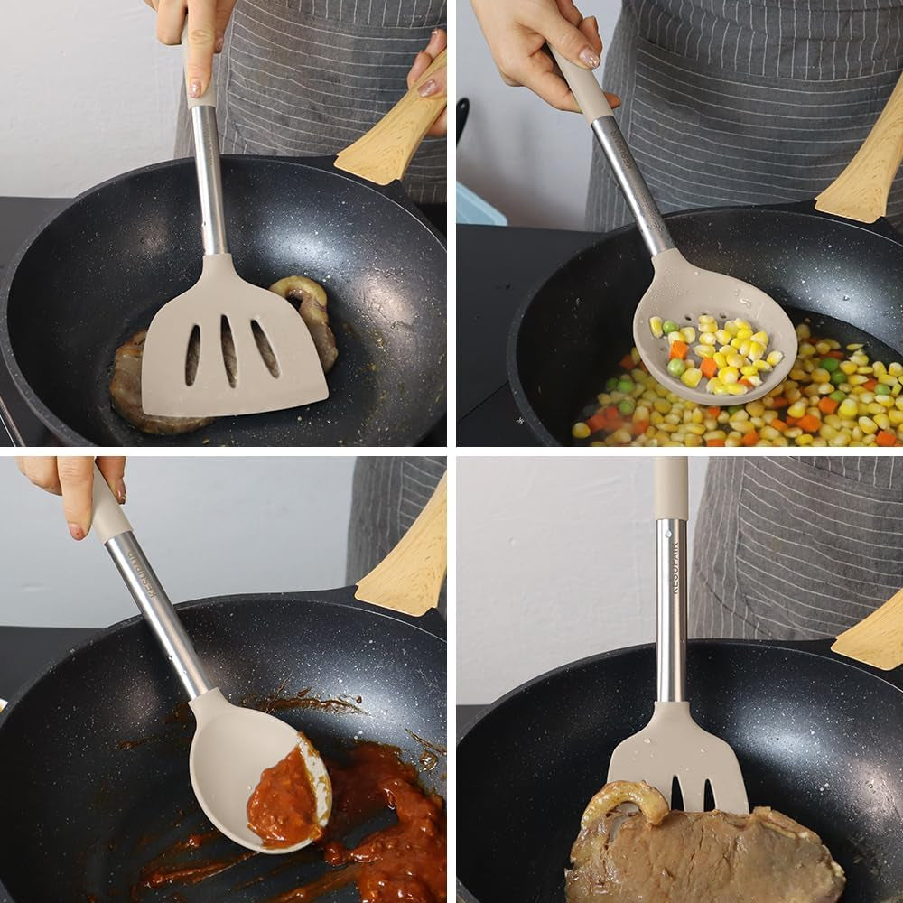 Silicone Kitchen Utensils Set, 20 Pcs Cooking Utensils Set-Cooking Utensil - Kitchen Gadgets and Tools with Holder-Stainless Steel Kitchen Utensil with Grater,Turner,Tongs (Khaki)