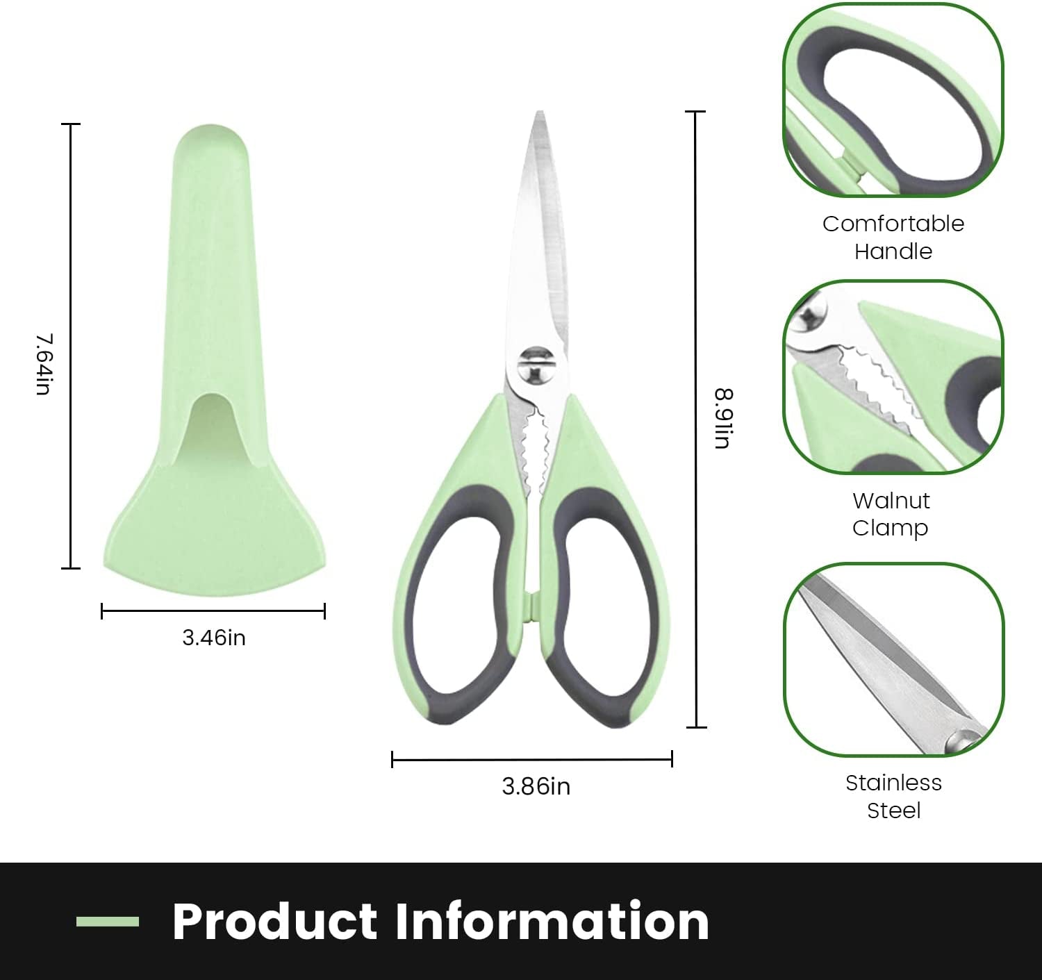 Ultra Sharp Kitchen Scissors with Magnetic Holder, Heavy Duty Kitchen Shears Meat Scissors, Multifunctional Stainless Steel Cooking Poultry Scissors for Household School Picnic(Green)