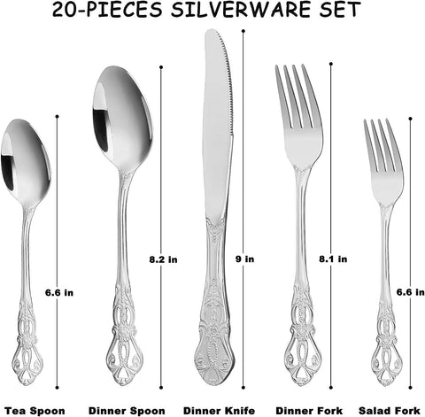 Image of Silverware Set for 4, Stainless Steel Gorgeous Retro Royal Flatware Set, 20-Pieces Cutlery Tableware Set, Kitchen Utensils Set Include Spoons and Forks Set, Mirror Finish, Dishwasher Safe