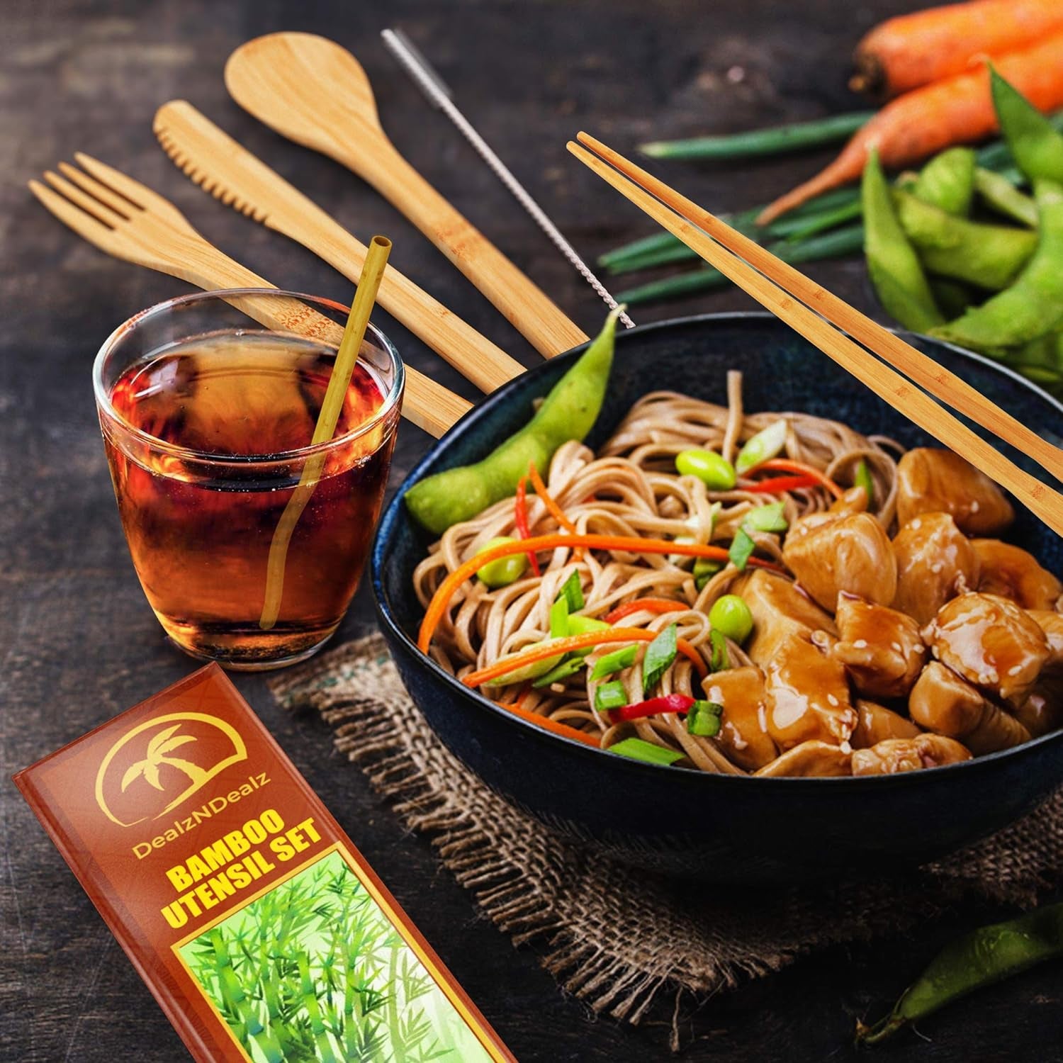 9-Piece Bamboo Utensil Set – Reusable Cutlery Travel Set – Portable Bamboo Flatware for Kids & Adults – Bamboo Fork, Knife, Spoon, Chopsticks – Comes in a Well-Designed Washable Case