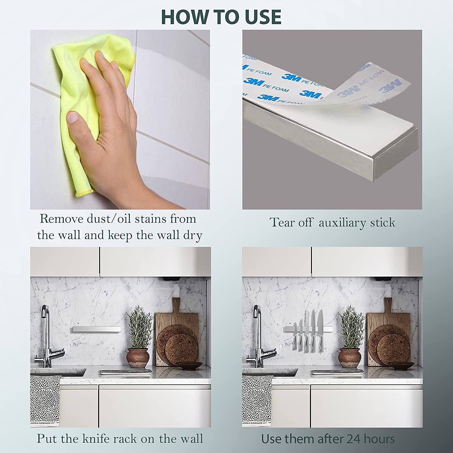 Magnetic Knife Holder for Wall No Drilling – 16 Inch Stainless Steel Magnetic Knife Holder Self Adhesive - Kitchen Magnetic Knife Strip with Adhesive Sticker