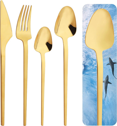 Image of Luxury Gold Silverware Set, Heavy Duty 20-Piece Golden 18/10 Stainless Steel Flatware Sets for 5, Tableware Eating Utensils Titanium Gold Plated,  Unique Exclusive Creative Design (Shark)